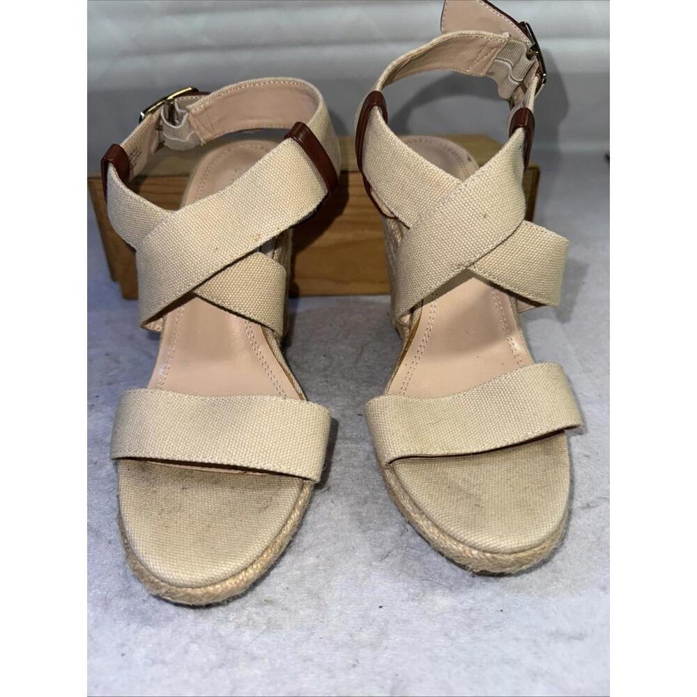 Banana Republic Canvas Espadrille Wedge Heel Sandal Leather Trim Natural Sz 8.5